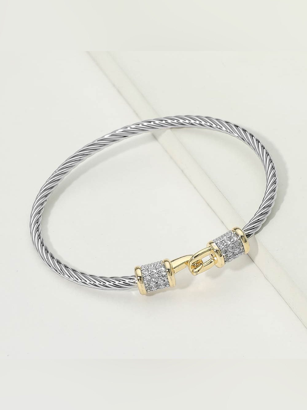 14K Gold Plated Two Tone CZ Pave Bar Clasp Accent Twisted Cable Bangle Bracelet